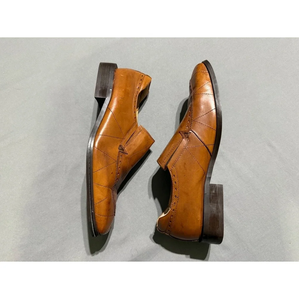 Fratelli Footwear Loafers Mens 12M Tan Leather Geometric Stitched Square Toe